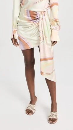 SIMKHAI Mae Marble Printed Satin Draped Mini Skirt