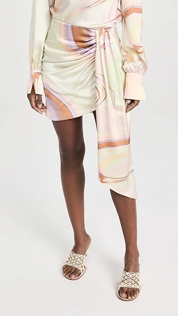 SIMKHAI Mae Marble Printed Satin Draped Mini Skirt 3 SIMKHAI Mae Marble Printed Satin Draped Mini Skirt