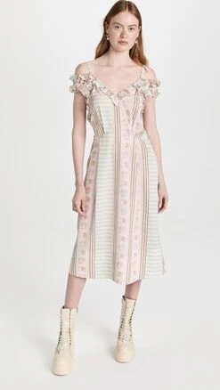 Simone Rocha Off Shoulder Sleeveless Midi Dress With Frill & Tie
